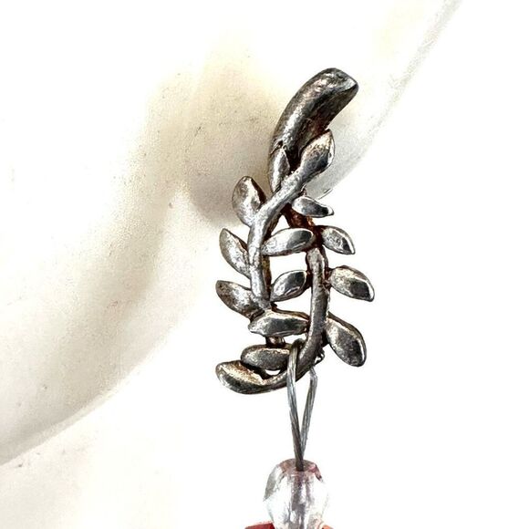 Silver tone leaf red crystal drop earrings - Picture 3 of 11